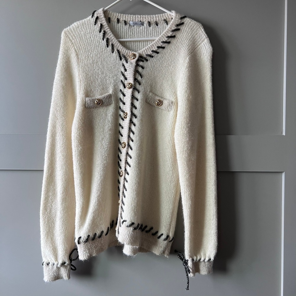 Vintage Marlond‎ Cream Knit Cardigan Black Stitch Gold Buttons Cozy Warm Medium
